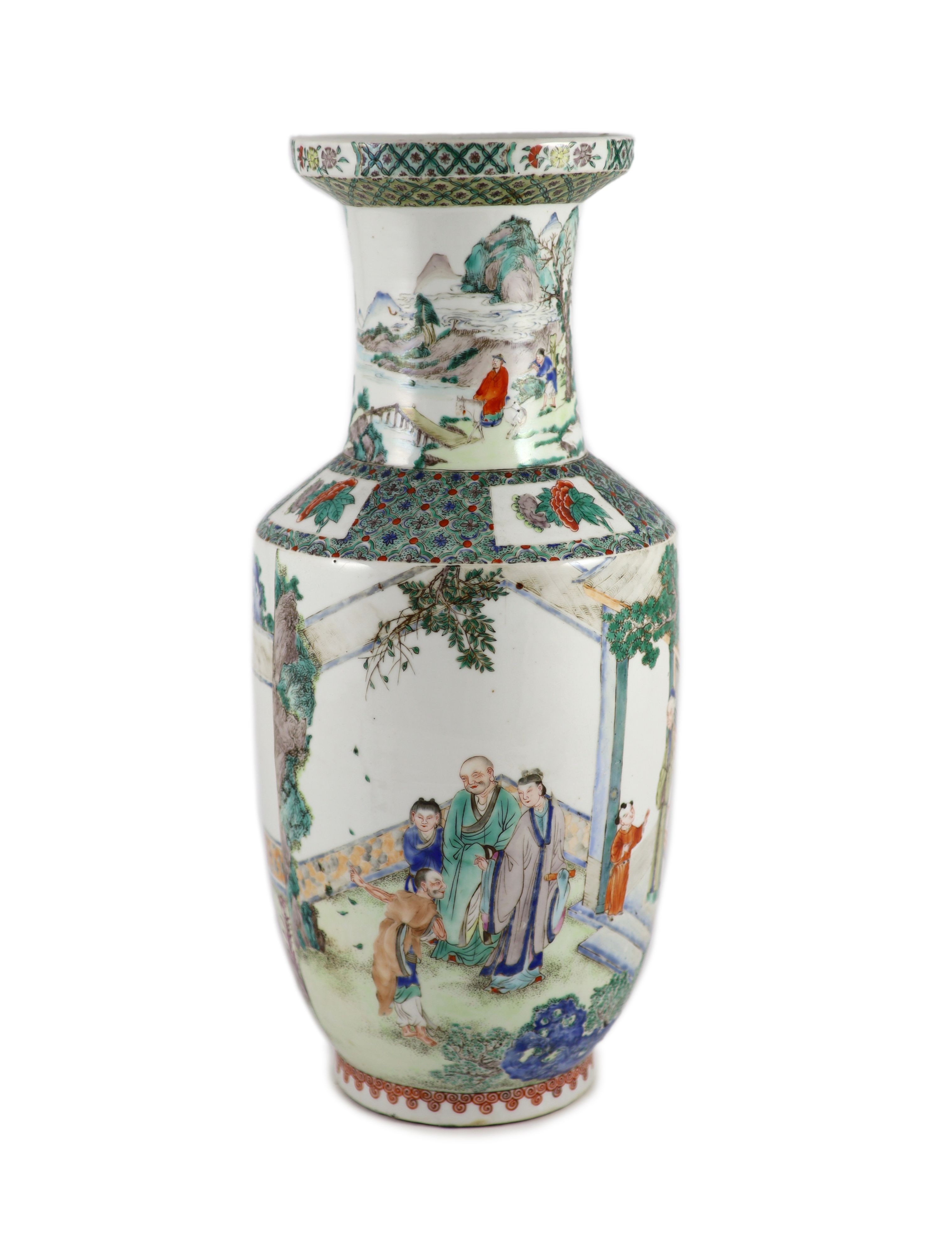 A Chinese famille verte rouleau vase, late 19th century, 43.5cm high, small splinter chip to rim